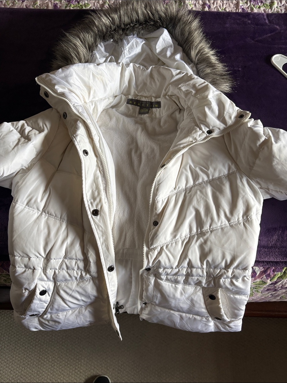 Kenneth Cole Reaction White Puffer Coat with Faux Fur Trimmed Hood
